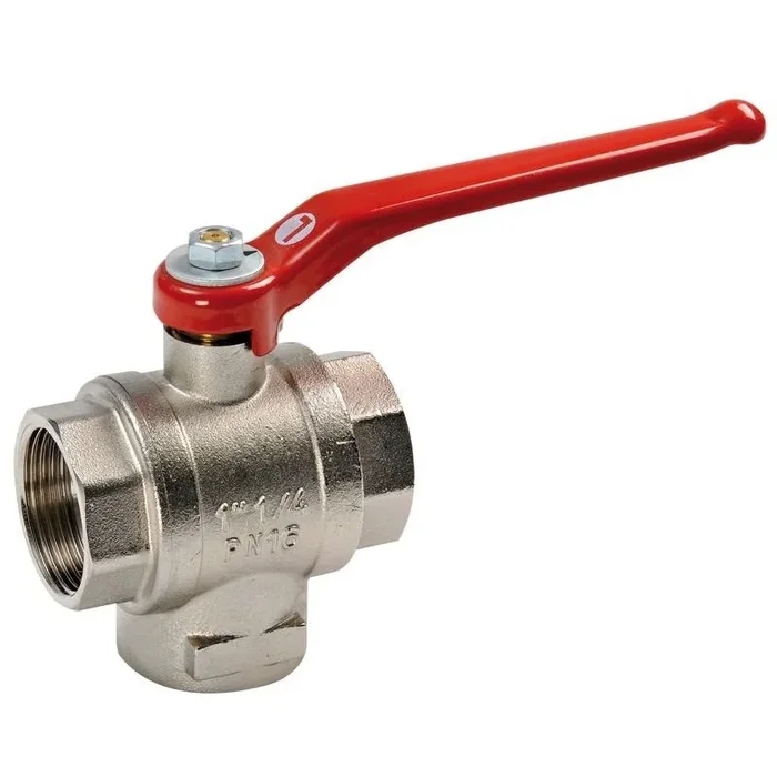 3-Way Brass Ball Valve 1/4″ with Red Coated Steel Control Lever for Water, Petrol, Heating and Non-Corrosive Fluids