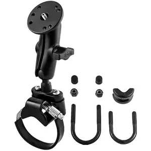 RAM Mount Strap Clamp Roll Bar Mount with Standard Length Double Socket Arm & 2.5in Round Base with 1/4in-20 Male Threaded Post