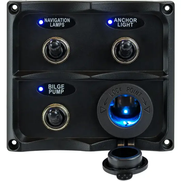 Sea-Dog Water Resistant Toggle Switch Panel with LED Power Socket – 3 Toggle