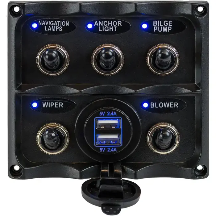 Sea-Dog Water Resistant Toggle Switch Panel with USB Power Socket – 5 Toggle