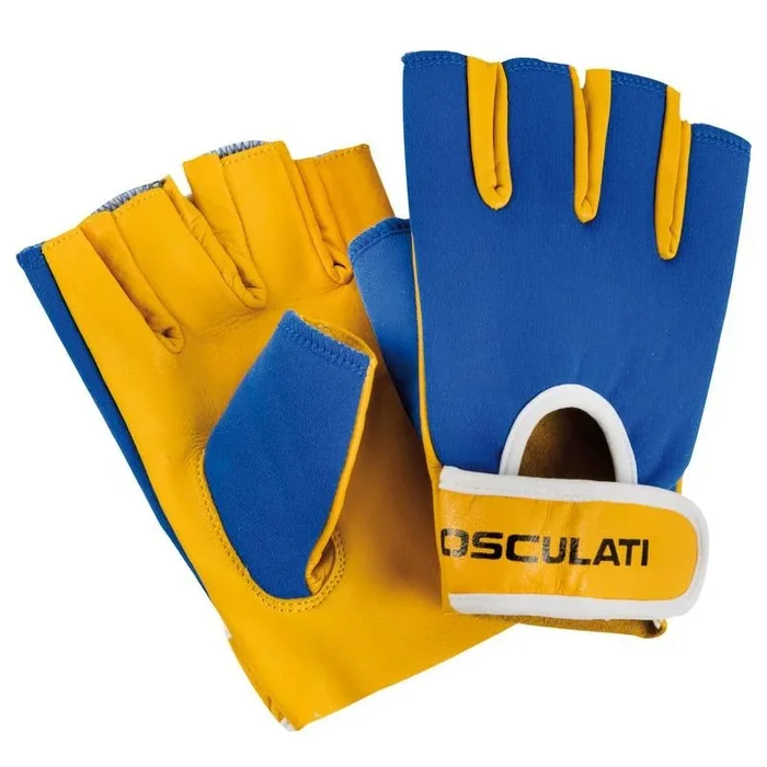 Short Finger Sailing Leather Gloves – Beige with Blue Nylon Back by Osculati – Perfect for Water Sports, Surfing & Water Skiing