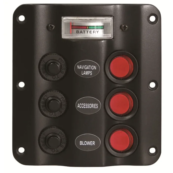 Three-Switch Circuit Panel with Voltmeter – Durable Black Plastic Design for Boating and Yachting